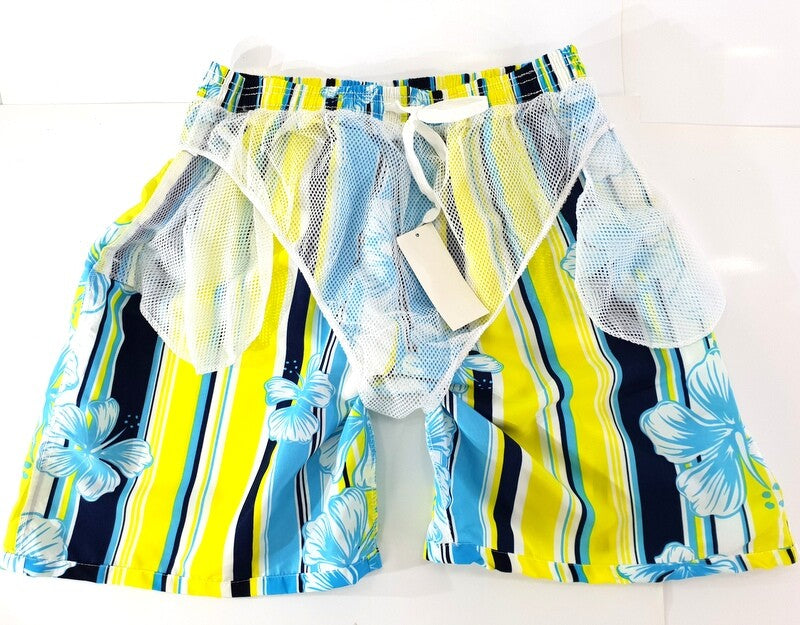 Badehose Badeshorts M / L Lotus Shorts geblümt gestreift Gelb Blau Shorts