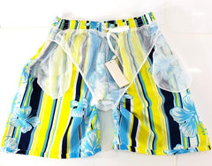 Badehose Badeshorts M / L Lotus Shorts geblümt gestreift Gelb Blau Shorts