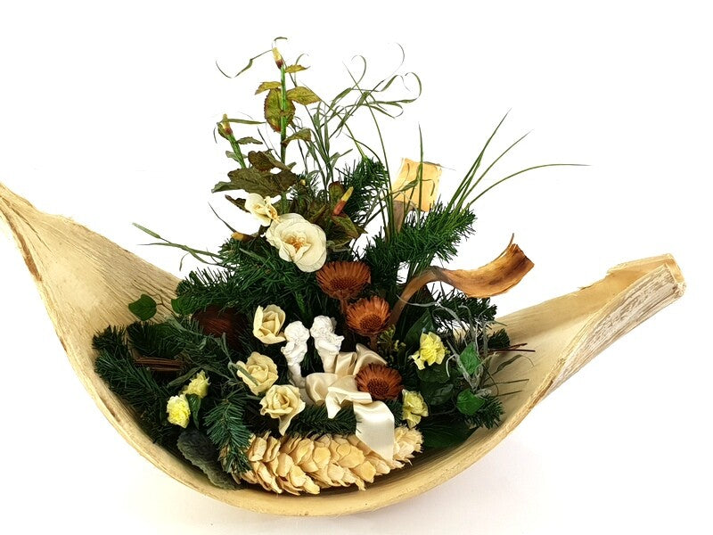 Grabgesteck XXL Cocosblatt Naturdeko Künstliche Blumen Engel Gedenken Friedhof