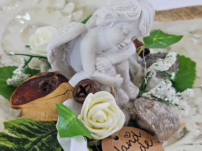Casa-Poador Herzform aus Mangoholz Emaille Weiß Creme Holzschale Engel Friedhof