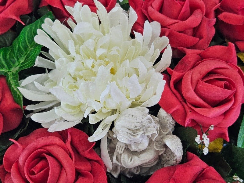 Casa-Poador Herzgesteck Grabschmuck Herz rote Rosen Kunstblumen Engel Friedhof