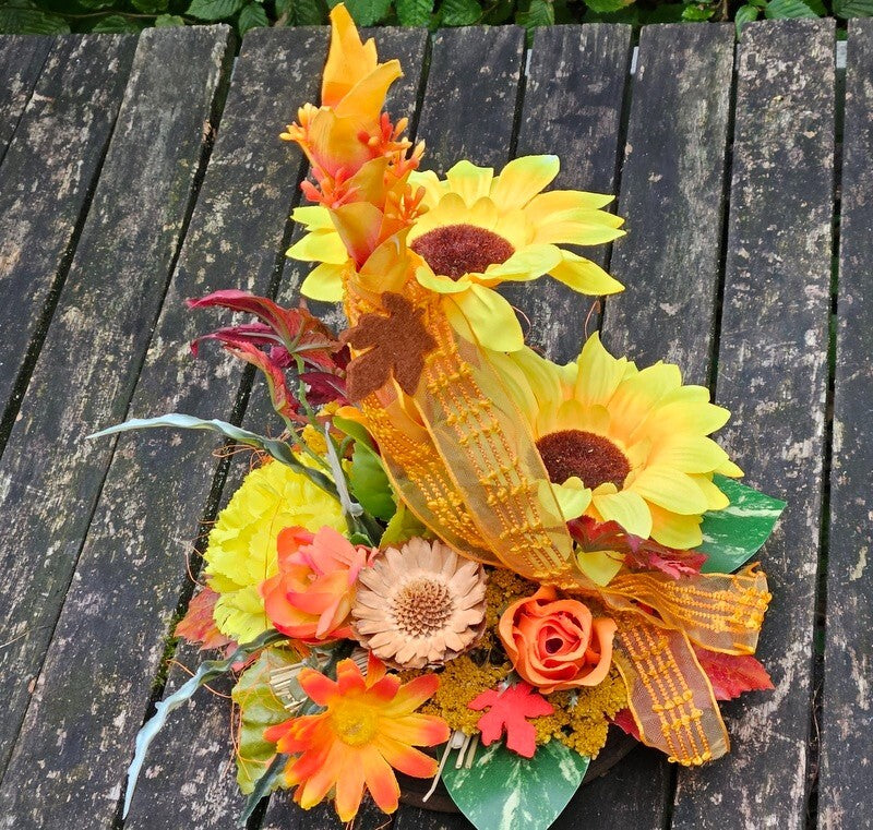 Gesteck Gelb Orange Kunstblumen Sonnenblume  rund 35 H Herbst Filzblätter  Deko
