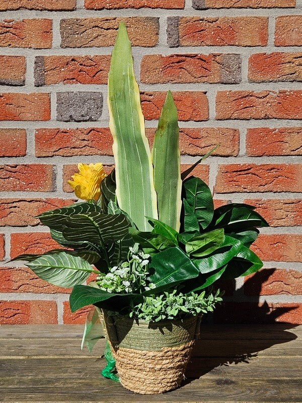 Casa-Poador Gesteck Kunstblumen Korb Topf rund Gelb Weiß Gummibaum Gerbera
