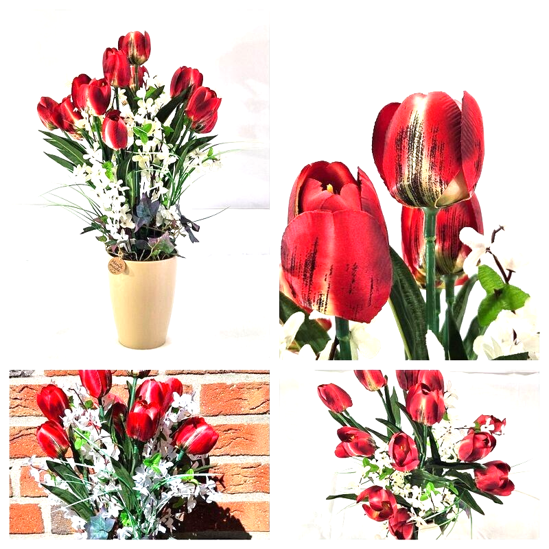 Casa-Poador Topfblume Tulpen Ginster Efeu künstlich Rot Weiß Kunstblume Deko