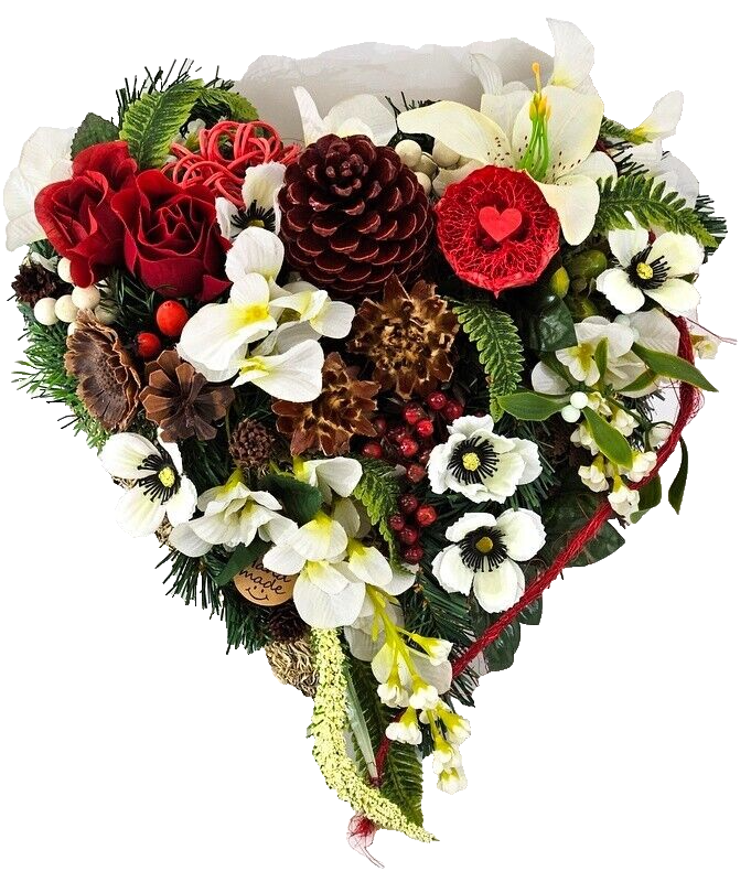 Grabschmuck Herz Kissen Moos 30 cm rot Weiß Rose Kunstblumen Zapfen Grabgesteck