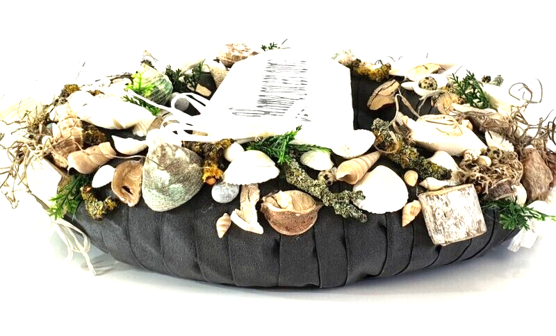 Türkranz Wand Kranz künstlich trocken Weiß Grau Natur Muscheln Holzschild