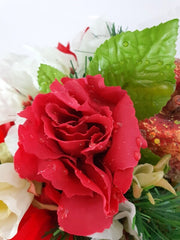 Grabgesteck Schale Weiß Rot Weihnachtsstern Rosen Seidentanne Zapfen Kunstblumen
