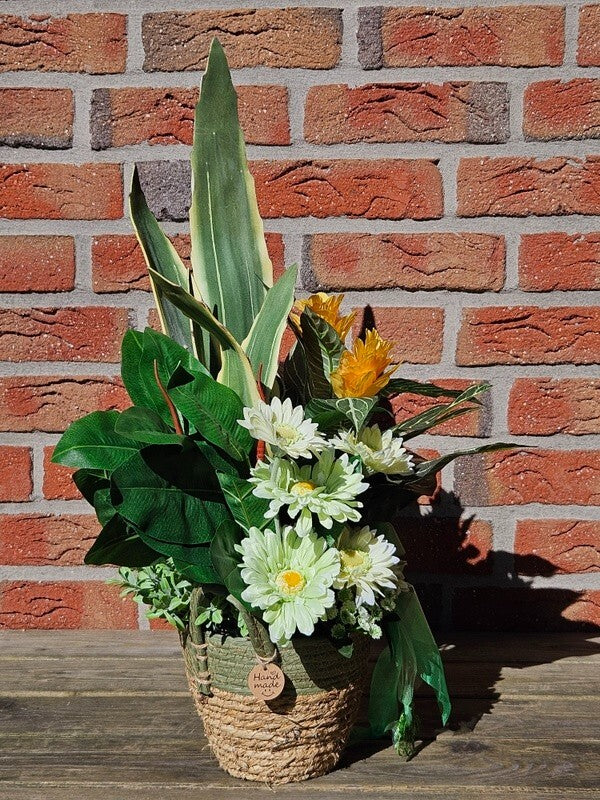 Casa-Poador Gesteck Kunstblumen Korb Topf rund Gelb Weiß Gummibaum Gerbera