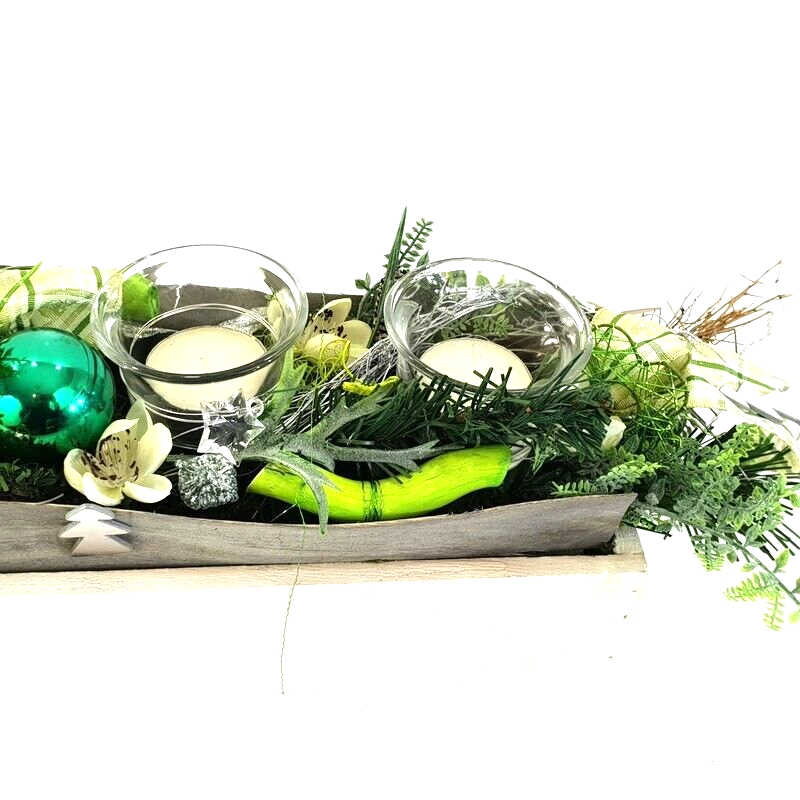 Weihnachtsgesteck silber Seide künstlich mit  4 Glasteelichtern Tischdekoration