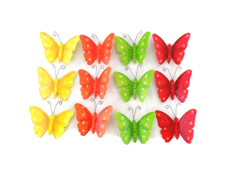 12 Metallschmetterlinge Box 4 Farben Gelb Orange Rot Lindgrün 9 x 6 cm Deko