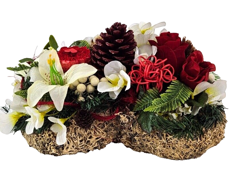 Grabschmuck Herz Kissen Moos 30 cm rot Weiß Rose Kunstblumen Zapfen Grabgesteck