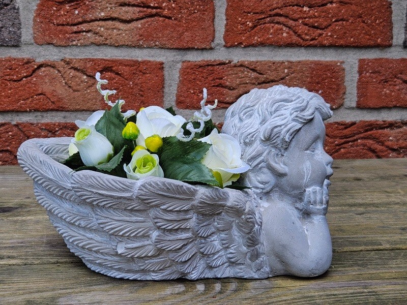 Casa-Poador Gesteck künstlich in Engelschale Beton Weiß Grau Kunstblumen 14 cm H