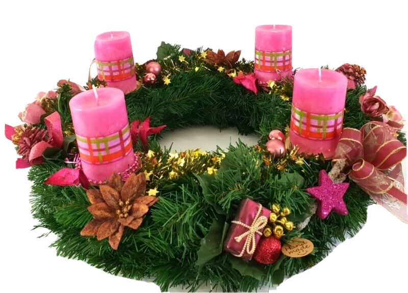 Adventskranz Rosa Pink Bourdaux künstliche Tanne 45 cm Kerzen Kugeln Sterne