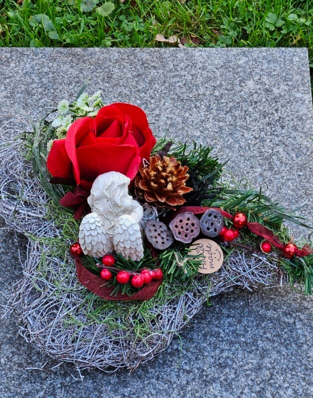 Grabschmuck Herz Reisigesteck Weiß Rot  Kunstblumen Natur