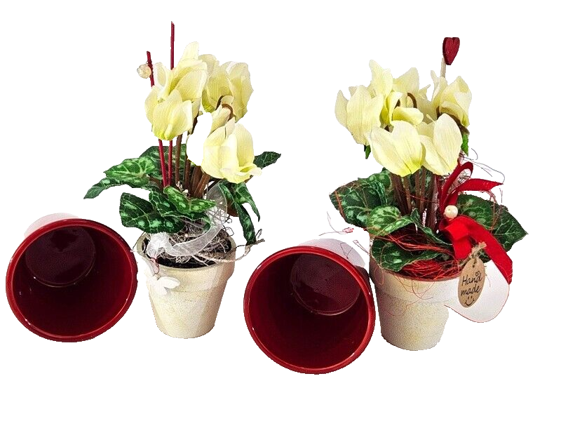 Topfblumen Alpenveilchen künstlich 2 Stück Weiß Rot Kunstblumen 20 cm Hoch