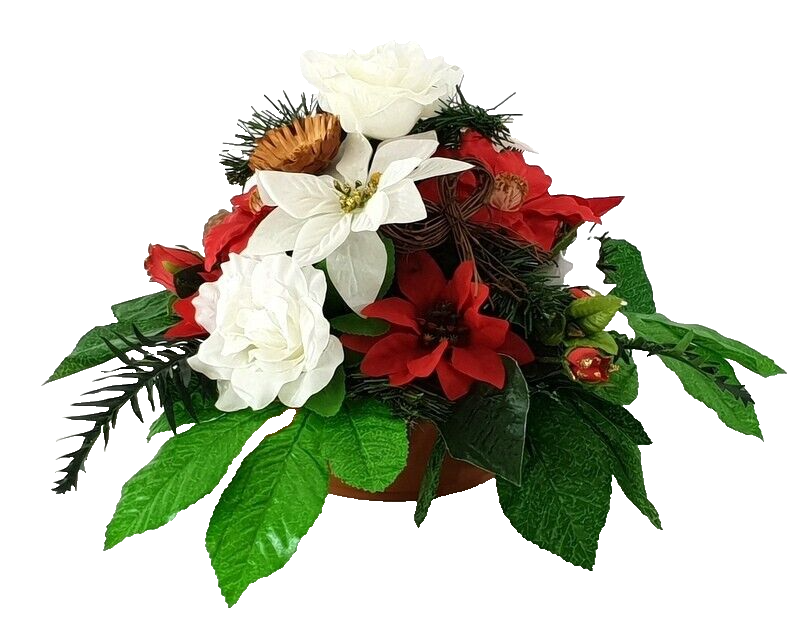 Casa-Poador Grabgesteck Schale Rot Weiß Weihnachtsstern Rosen Kunstblumen Zapfen