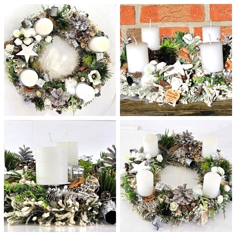 Adventskranz Weiß Jingle Bells künstliche Tanne 35 cm Glöckchen Zapfen Stern