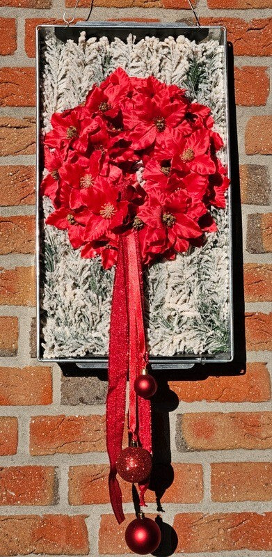 Wandbild Wand Deko Zink Schale mit künstlichen roten Weihnachtsternen Dekoration