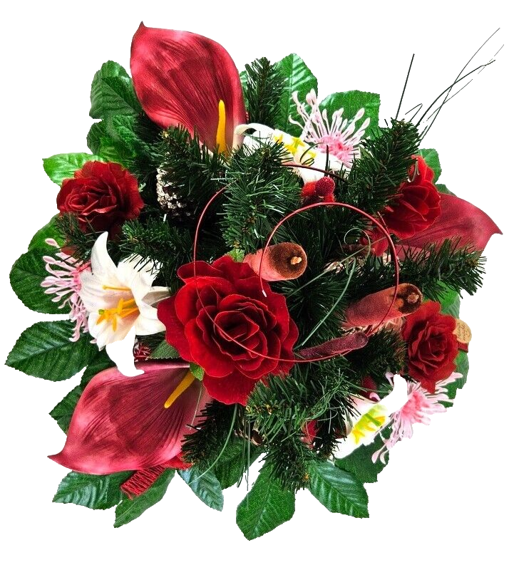 Casa-Poador Grabgesteck Schale Rot Rosa Lilien Rosen Kunstblumen Friedhof