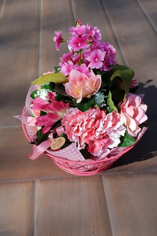 Gesteck im Metallkorb Primel Rosen Gerbera Rosa Kunstblumen Frühling