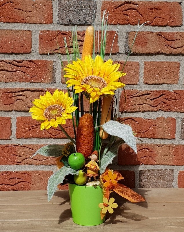 Gesteck Kunstblumen Sonnenblumen Mais im Topf Gelb Orange Figur Früchte