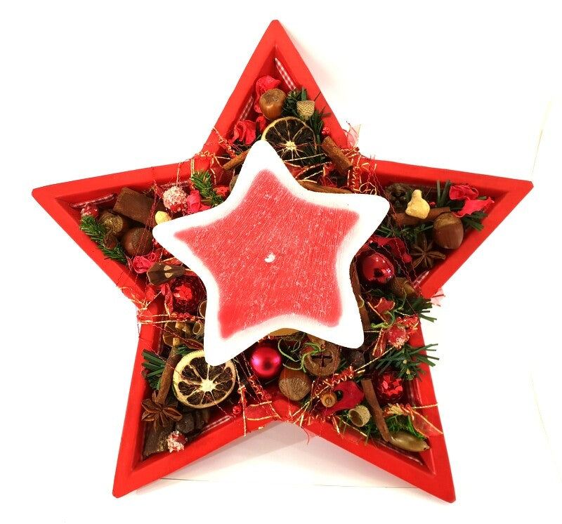 Adventsgesteck Weihnachten Tischschmuck Sternteller Kugeln Anis Zimt Kerze