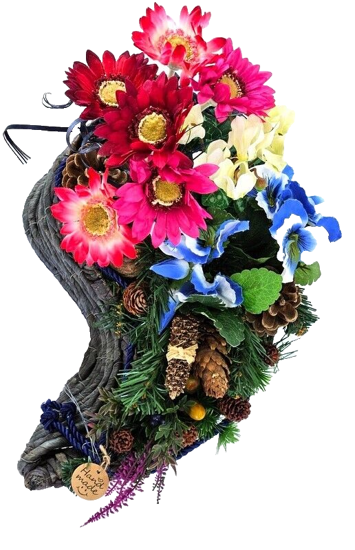 Grabschmuck Gesteck künstliche Blumen Tropfen Rosa Blau Exoten Zapfen Friedhof