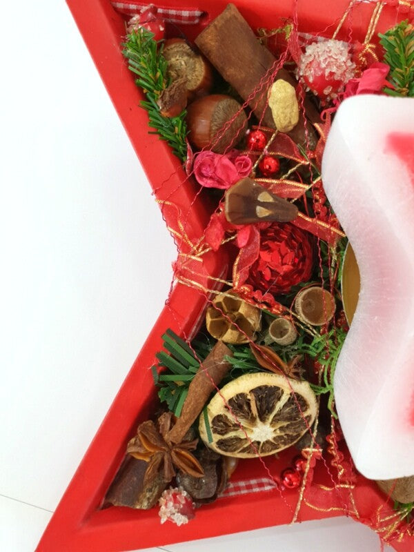 Adventsgesteck Weihnachten Tischschmuck Sternteller Kugeln Anis Zimt Kerze