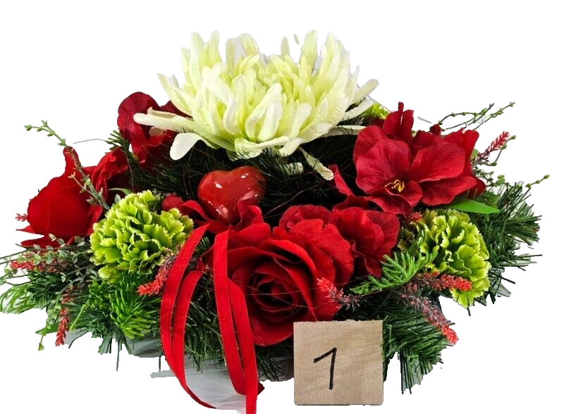 Casa-Poador Grabschmuck rotcreme Rosen Chrysantheme Seidentanne Kunstblumen Herz