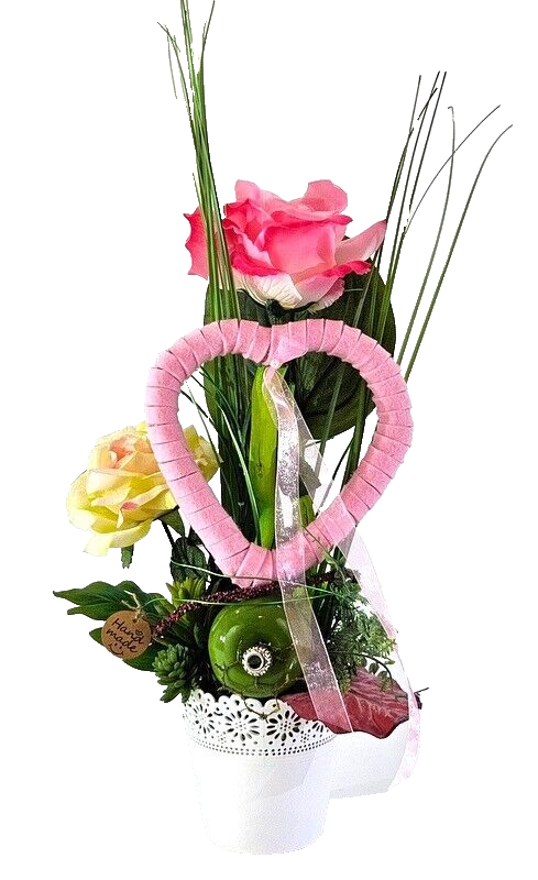 Casa-Poador Gesteck Seide Rosa Weiß Rose Kunstblumen rund Filzherz Dekoration