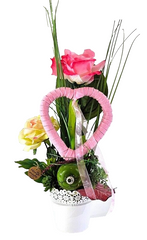 Casa-Poador Gesteck Seide Rosa Weiß Rose Kunstblumen rund Filzherz Dekoration