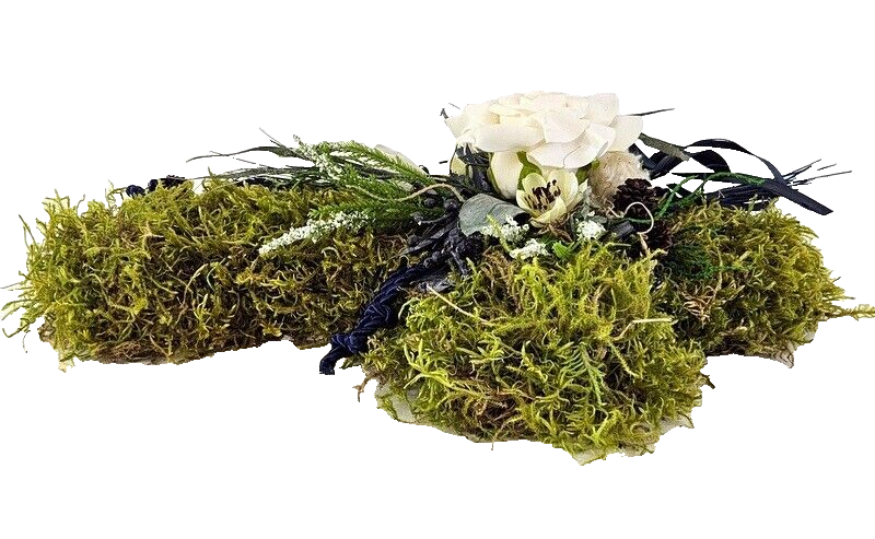 Grabschmuck Gesteck Moos Kreuz künstliche Blumen Weiß Blau Natur Friedhof