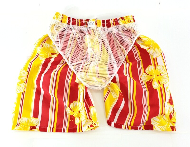 Badehose Shorts M / L Lotus Shorts geblümt gestreift Gelb Rot Weiß Freizeit