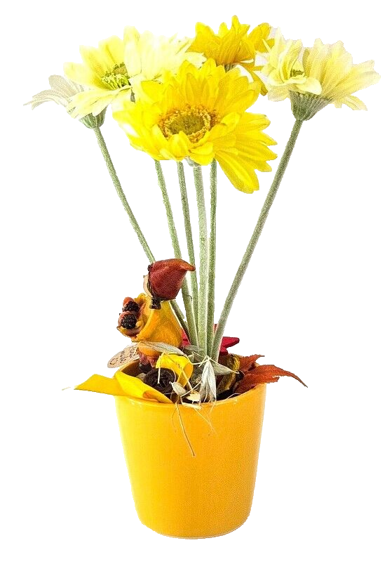 Topfblume Gerbera Gelb Weiß Kunstblumen Keramikgefäß rund Figur Blätter Geschenk