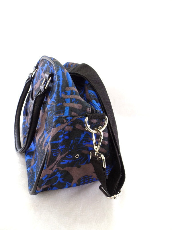 Geoss Tasche Blau Grau Schwarz gemustert Schultertasche Reißverschluss Henkel