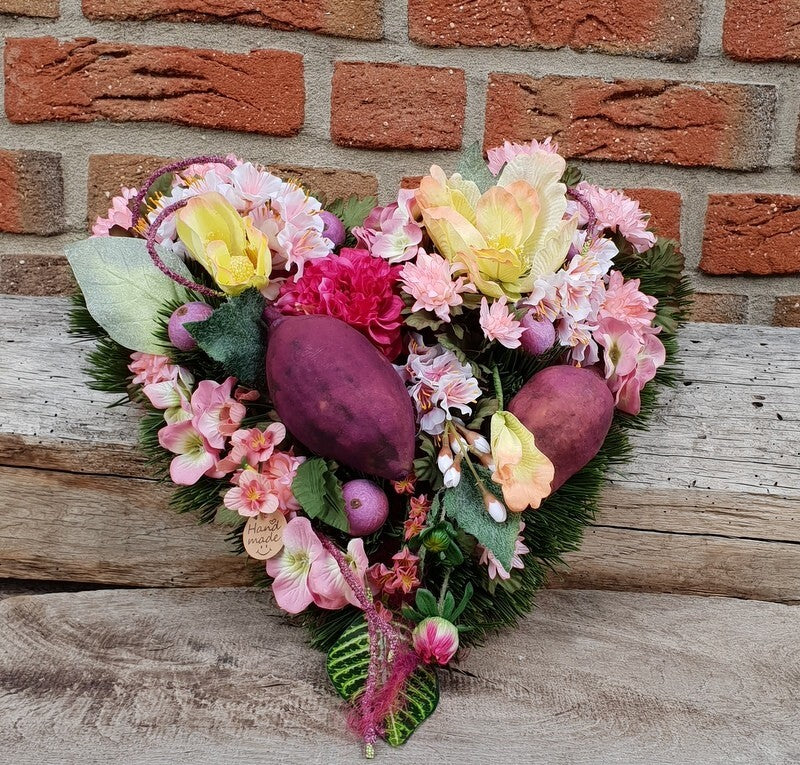 Grabgesteck Herz Rosa Lila Dahlie Hortensie Kunstblumen Natur Friedhof