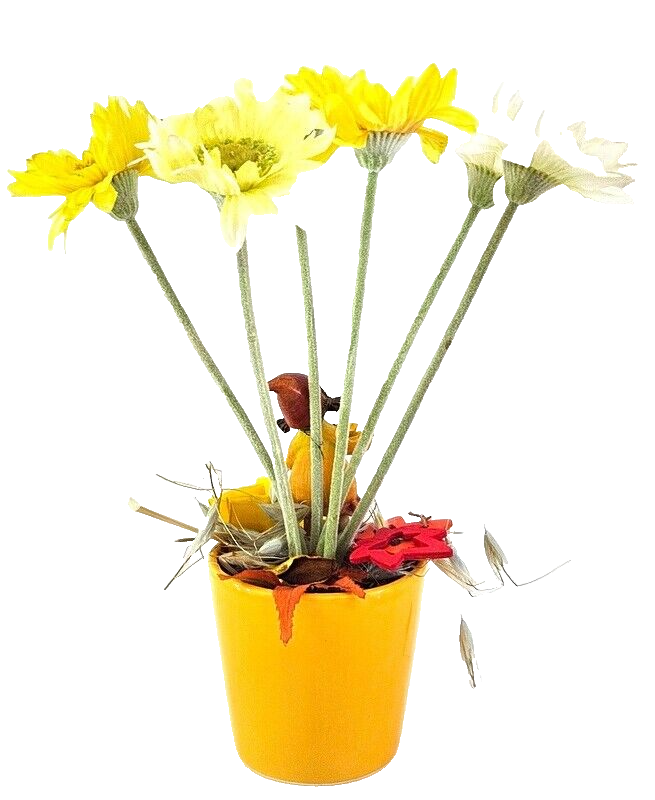 Topfblume Gerbera Gelb Weiß Kunstblumen Keramikgefäß rund Figur Blätter Geschenk