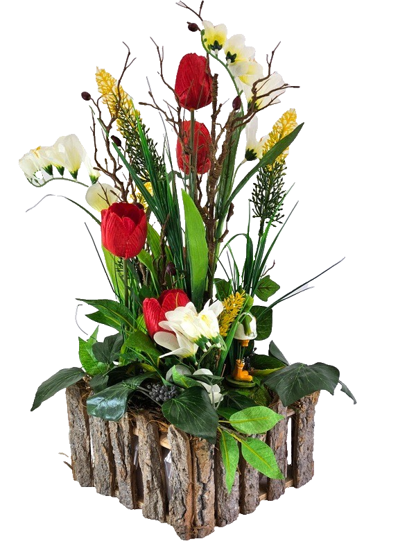Casa-Poador Gesteck Kunstblumen Naturgefäß Tulpen Frühling FroschfigurDekoration