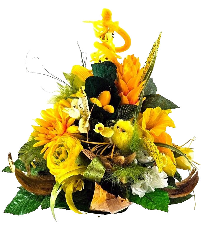 Strauß Osterstrauss Gelb Weiß  Seide Kunstblumen Tulpen Eier Federn Kücken Deko