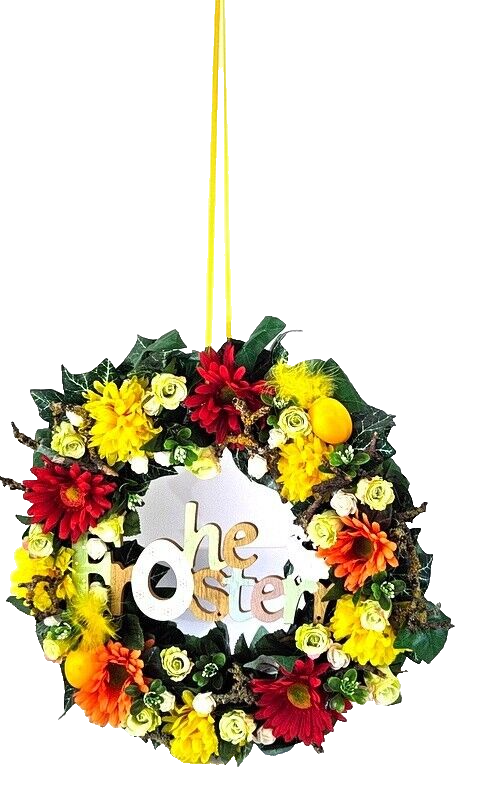 Kranz Tür/Wand Kranz künstlich Gelb Orange Rot 40 cm Holzschild Ostern Geschenk