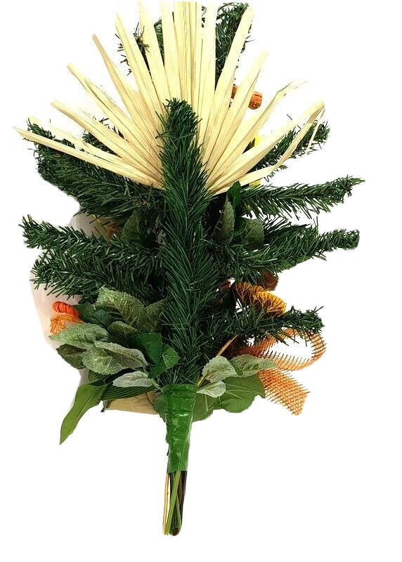 Grabschmuck Grabstrauß Trockenblumen grüne Calla künstliche Tanne Exoten flach