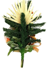 Grabschmuck Grabstrauß Trockenblumen grüne Calla künstliche Tanne Exoten flach