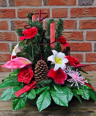Casa-Poador Grabgesteck Schale Rot Rosa Lilien Rosen Kunstblumen Friedhof