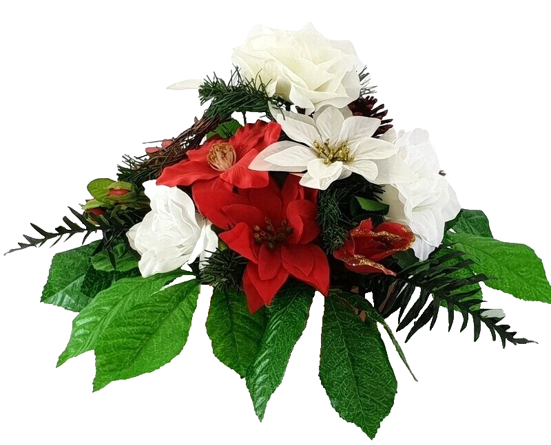 Casa-Poador Grabgesteck Schale Rot Weiß Weihnachtsstern Rosen Kunstblumen Zapfen