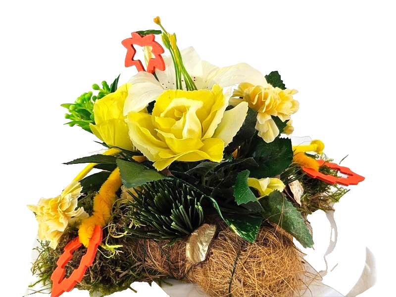 Grabschmuck Gesteck Moos Reisig Kissen künstliche Blumen RoseGelb Natur Friedhof