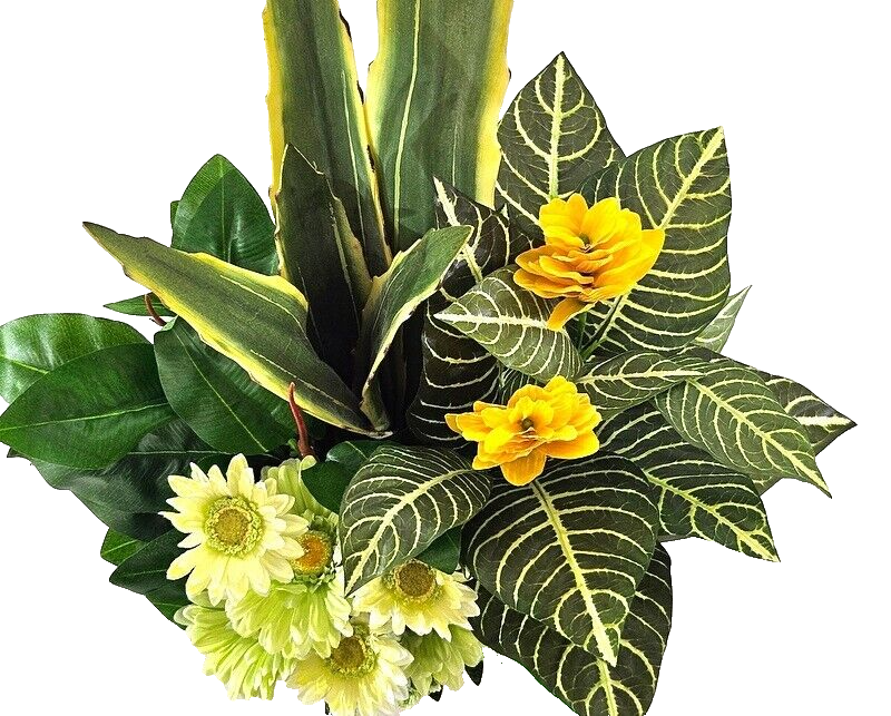 Casa-Poador Gesteck Kunstblumen Korb Topf rund Gelb Weiß Gummibaum Gerbera