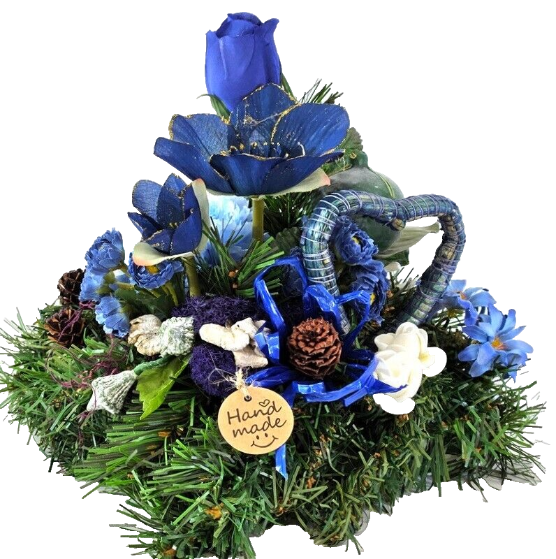 Grabschmuck Gesteck Kissen künstliche Blumen Tanne Christrose Blau Friedhof