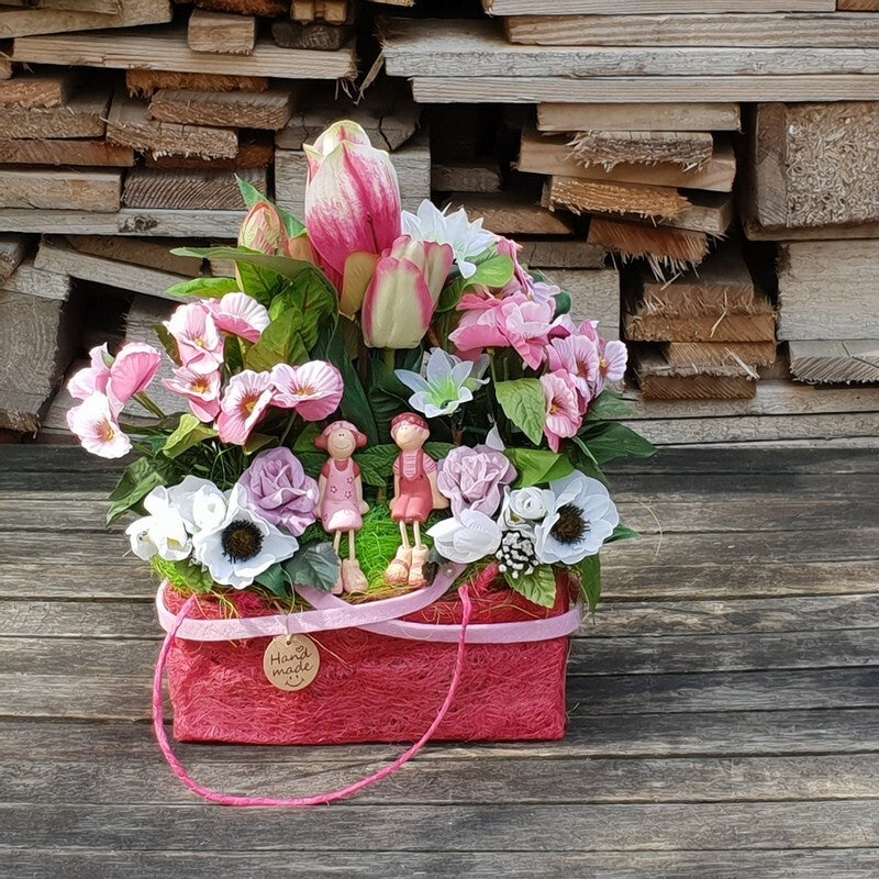 Gesteck Seide Rosa Weiß Kunstblumen Sisaltasche Frühling Magnolie Figuren 32 H