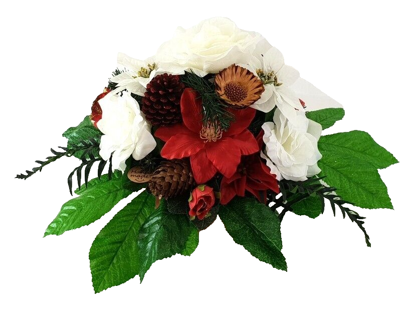 Casa-Poador Grabgesteck Schale Rot Weiß Weihnachtsstern Rosen Kunstblumen Zapfen