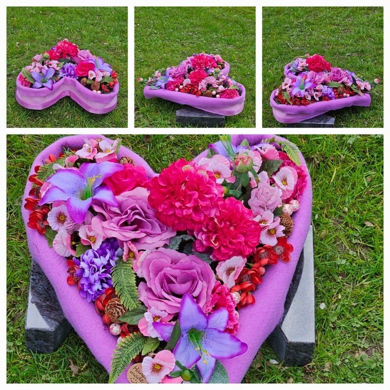 Grabgesteck Grabschmuck Herz Rosa Lila  Rosen Dahlie Kunstblumen Natur Friedhof